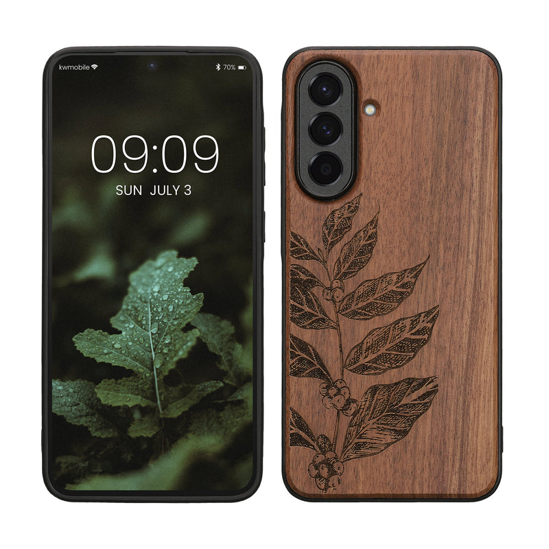 kwmobile Hülle kompatibel mit Samsung Galaxy A37 5G Hülle - Holz Case - Handy Cover - TPU Handyhülle in Dunkelbraun Blätterzweig Dunkelbraun  [dsg03]