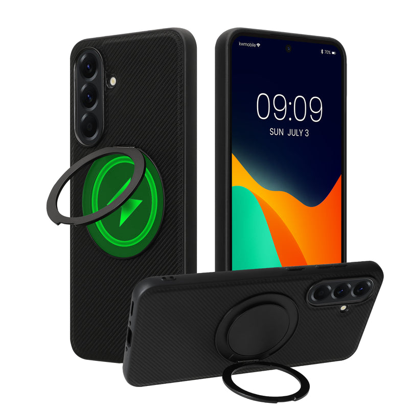 kwmobile Hülle für Samsung Galaxy A56 5G Handyhülle - Case kompatibel mit MagSafe - Cover mit Ringständer - Kunstleder Carbon Look in Schwarz Schwarz  [dsg01]