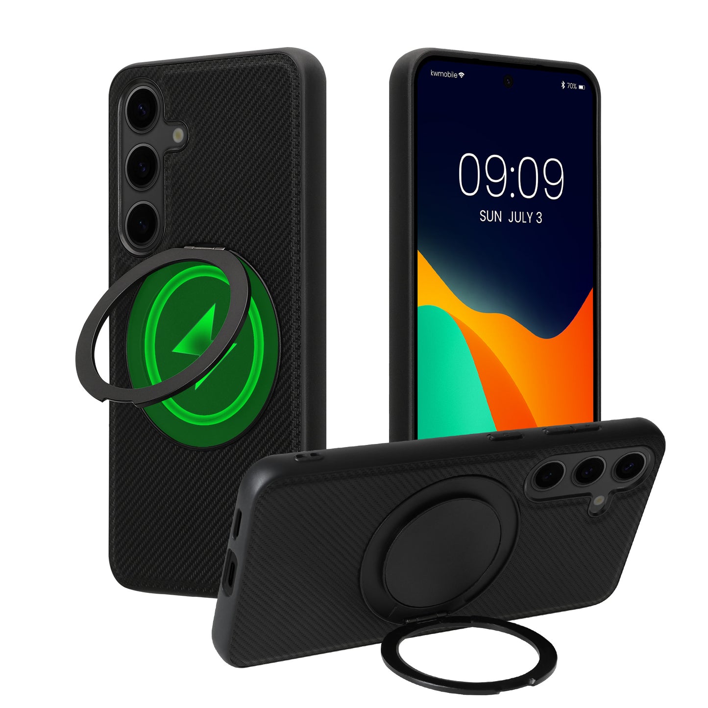 kwmobile Hülle für Samsung Galaxy S24 Handyhülle - Case kompatibel mit MagSafe - Cover mit Ringständer - Kunstleder Carbon Look in Schwarz Schwarz  [dsg01]