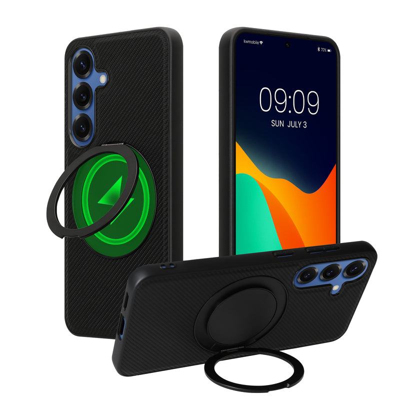 kwmobile Hülle für Samsung Galaxy S25 Handyhülle - Case kompatibel mit MagSafe - Cover mit Ringständer - Kunstleder Carbon Look in Schwarz Schwarz  [dsg01]