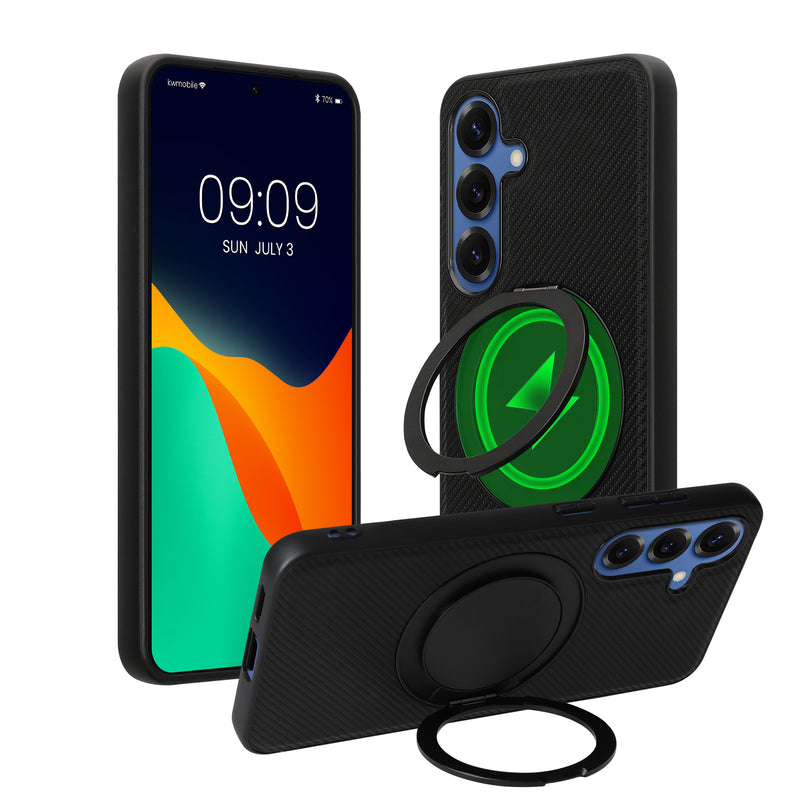 kwmobile Hülle für Samsung Galaxy S25 Handyhülle - Case kompatibel mit MagSafe - Cover mit Ringständer - Carbon Look