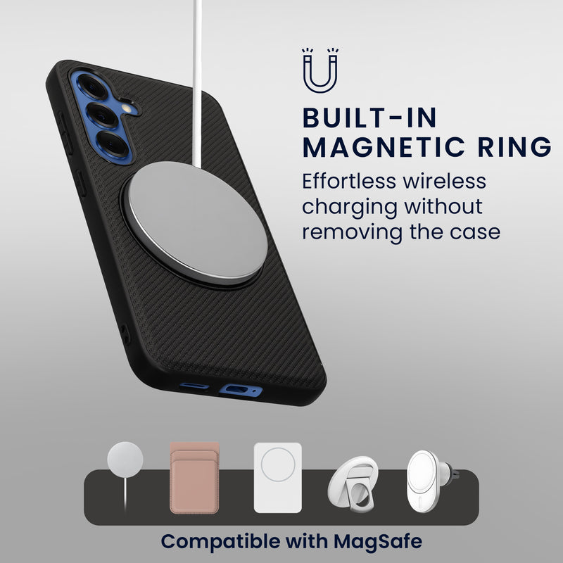 kwmobile Hülle für Samsung Galaxy S25 Handyhülle - Case kompatibel mit MagSafe - Cover mit Ringständer - Carbon Look