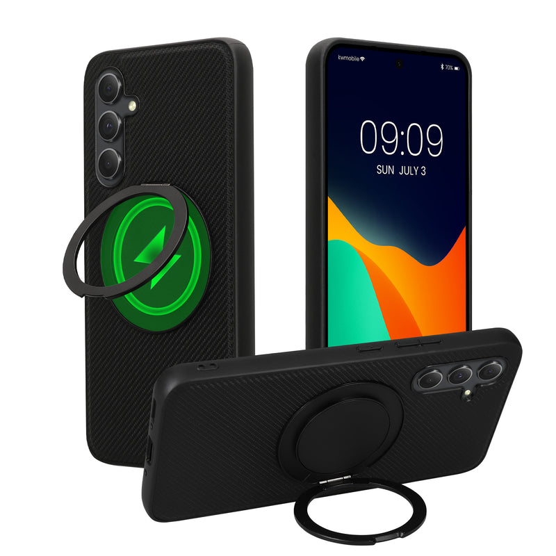 kwmobile Hülle für Samsung Galaxy A54 5G Handyhülle - Case kompatibel mit MagSafe - Cover mit Ringständer - Kunstleder Carbon Look in Schwarz Schwarz  [dsg01]