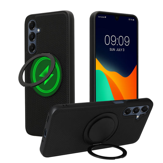 kwmobile Hülle für Samsung Galaxy A16 5G Handyhülle - Case kompatibel mit MagSafe - Cover mit Ringständer - Kunstleder Carbon Look in Schwarz Schwarz  [dsg01]
