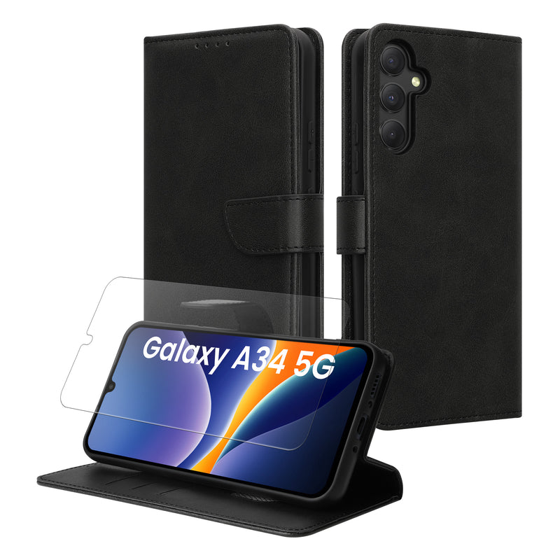 kwmobile Kunstleder Handyhülle kompatibel mit Samsung Galaxy A34 5G Hülle - Brieftaschen Schutzhülle aus PU-Leder mit Displayschutz und RFID-Schutz - Schwarz Schwarz  