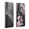 kwmobile Hülle kompatibel mit Samsung Galaxy S21 Handyhülle - Silikon Case transparent - Mit Glas Schutzfolie - Blumenblüten und Rosen Pastelllila Transparent Pastelllila  [dsg01]