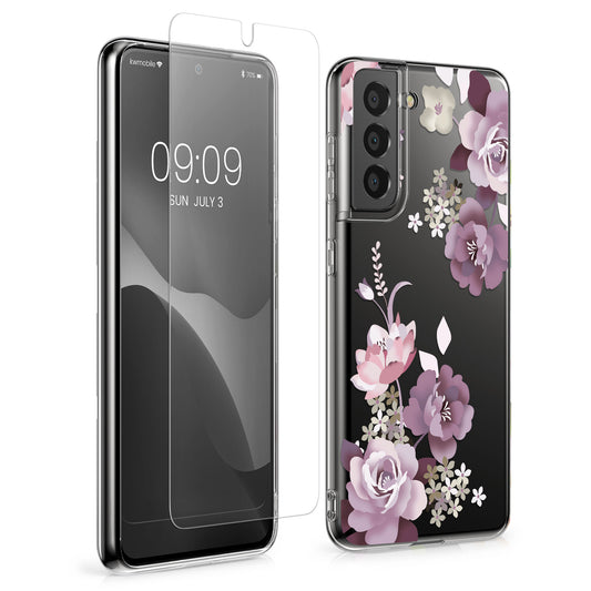kwmobile Hülle kompatibel mit Samsung Galaxy S21 Handyhülle - Silikon Case transparent - Mit Glas Schutzfolie - Blumenblüten und Rosen Pastelllila Transparent Pastelllila  [dsg01]