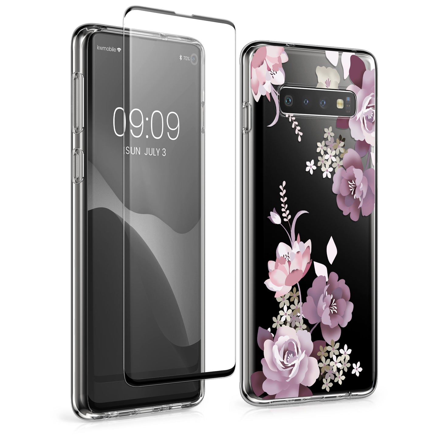 kwmobile Hülle kompatibel mit Samsung Galaxy S10 Handyhülle - Silikon Case transparent - Mit Glas Schutzfolie - Blumenblüten und Rosen Pastelllila Transparent Pastelllila  [dsg01]