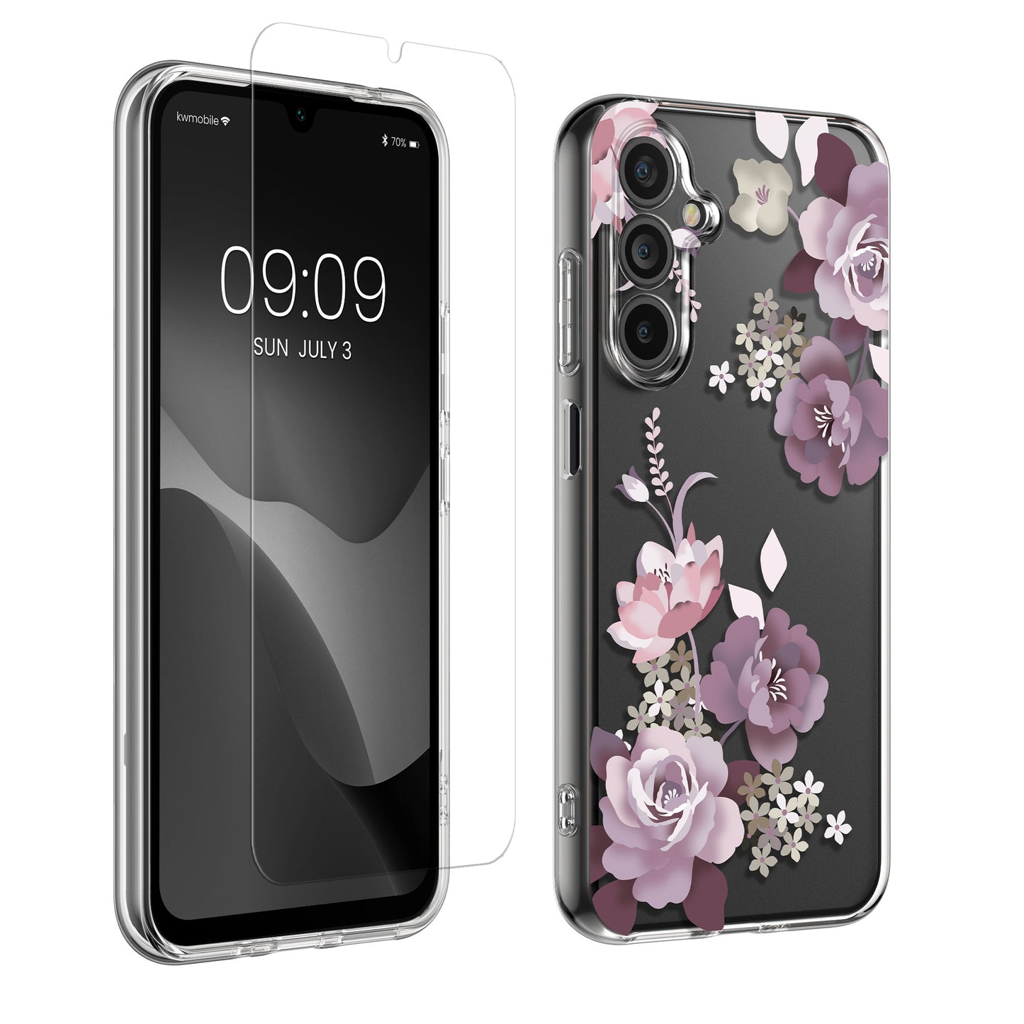 kwmobile Hülle kompatibel mit Samsung Galaxy A14 5G Handyhülle - Silikon Case transparent - Mit Glas Schutzfolie - Blumenblüten und Rosen Pastelllila Transparent Pastelllila  [dsg01]