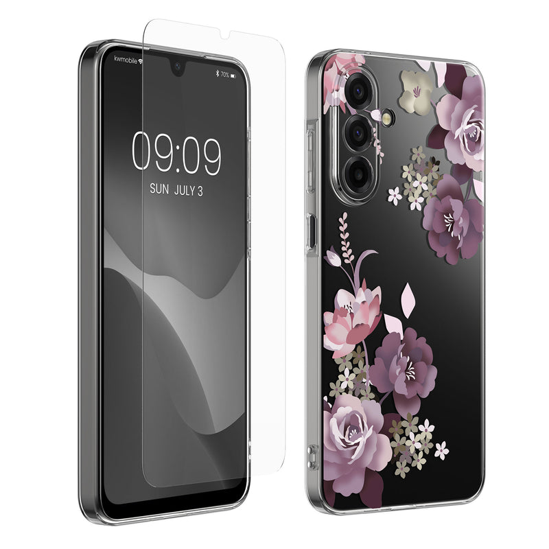 kwmobile Hülle kompatibel mit Samsung Galaxy A17 4G / 5G Handyhülle - Silikon Case transparent - Mit Glas Schutzfolie - Blumenblüten und Rosen Pastelllila Transparent Pastelllila  [dsg01]