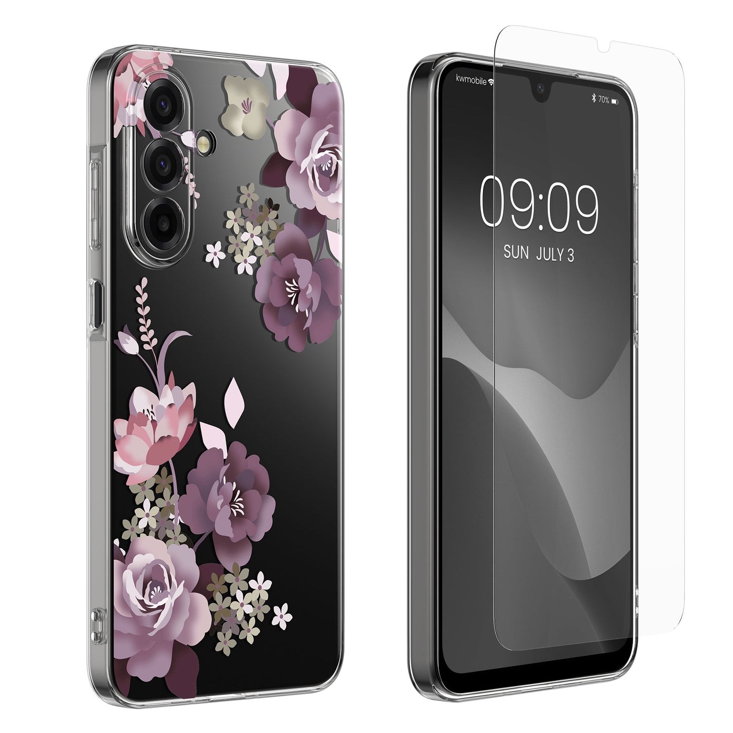 kwmobile Hülle kompatibel mit Samsung Galaxy A17 4G / 5G Handyhülle - Silikon Case transparent - Mit Glas Schutzfolie - Blumenblüten und Rosen Transparent