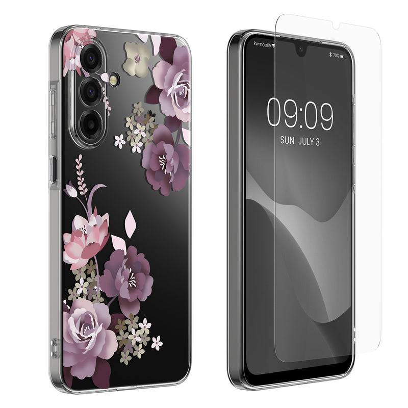 kwmobile Hülle kompatibel mit Samsung Galaxy A17 4G / 5G Handyhülle - Silikon Case transparent - Mit Glas Schutzfolie - Blumenblüten und Rosen Transparent