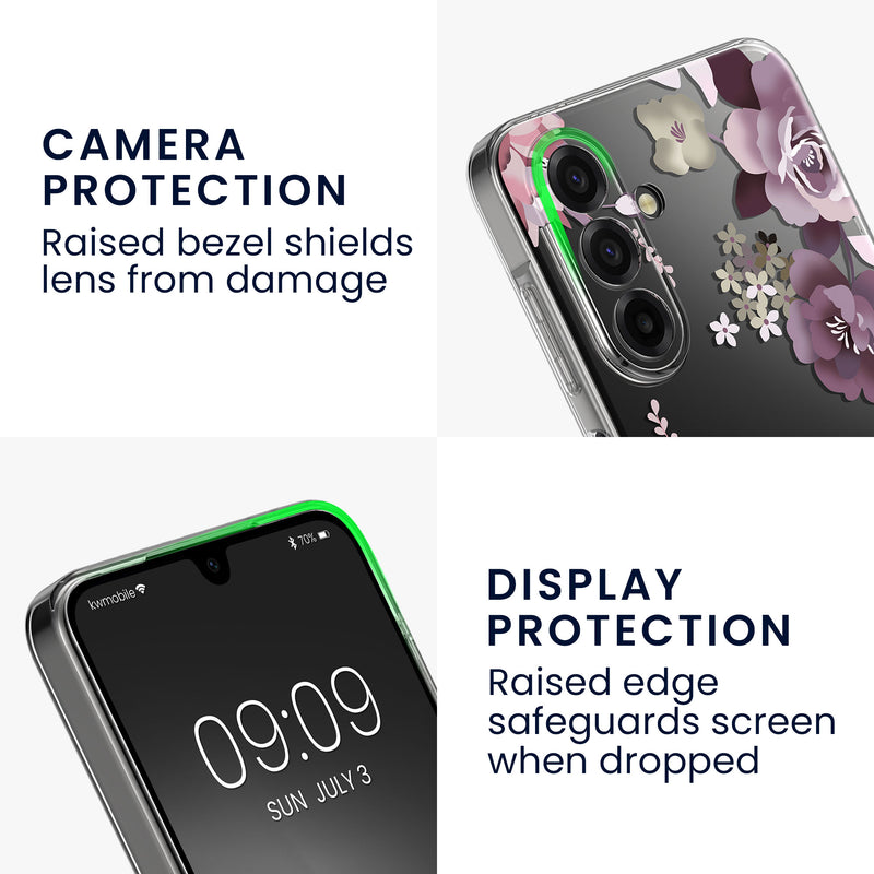 kwmobile Hülle kompatibel mit Samsung Galaxy A17 4G / 5G Handyhülle - Silikon Case transparent - Mit Glas Schutzfolie - Blumenblüten und Rosen Transparent