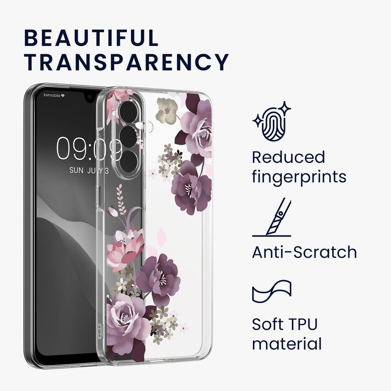 kwmobile Hülle kompatibel mit Samsung Galaxy A17 4G / 5G Handyhülle - Silikon Case transparent - Mit Glas Schutzfolie - Blumenblüten und Rosen Transparent