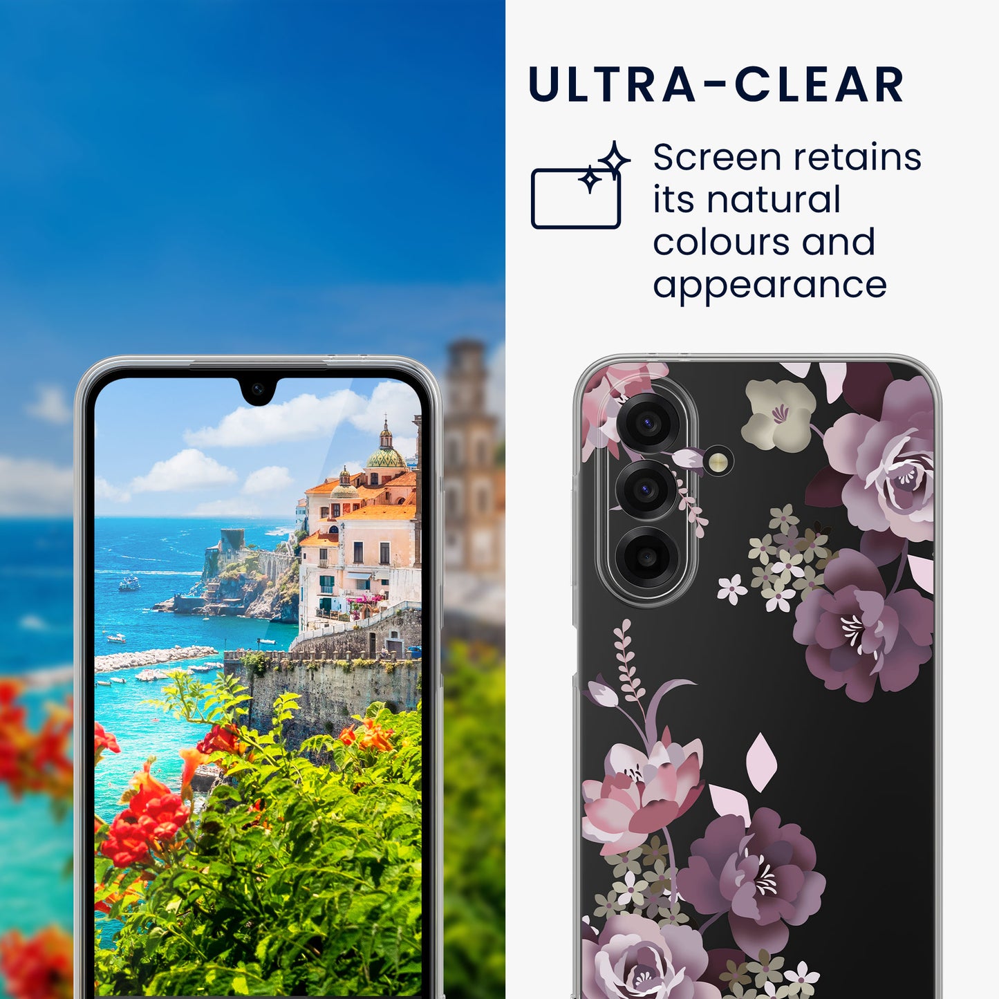 kwmobile Hülle kompatibel mit Samsung Galaxy A17 4G / 5G Handyhülle - Silikon Case transparent - Mit Glas Schutzfolie - Blumenblüten und Rosen Transparent