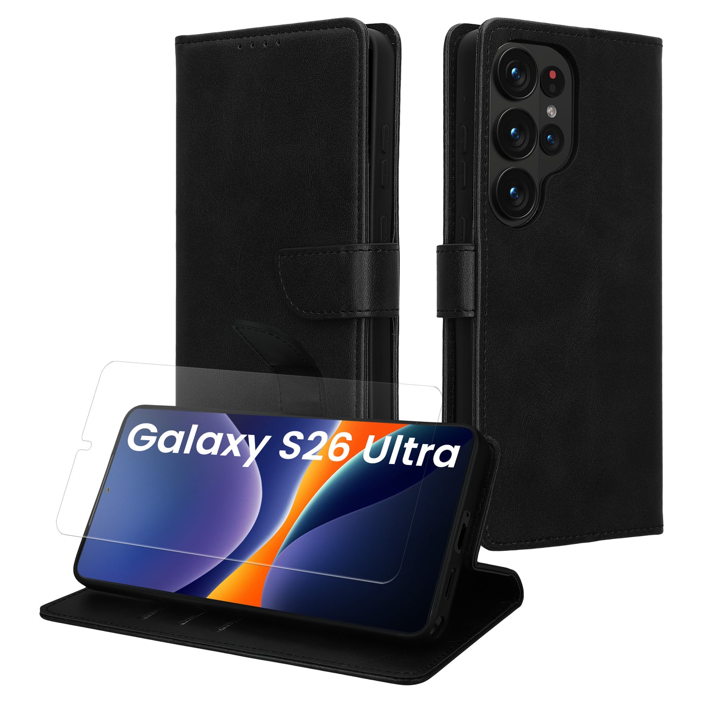 kwmobile Kunstleder Handyhülle kompatibel mit Samsung Galaxy S26 Ultra Hülle - Brieftaschen Schutzhülle aus PU-Leder mit Displayschutz und RFID-Schutz - Schwarz Schwarz  