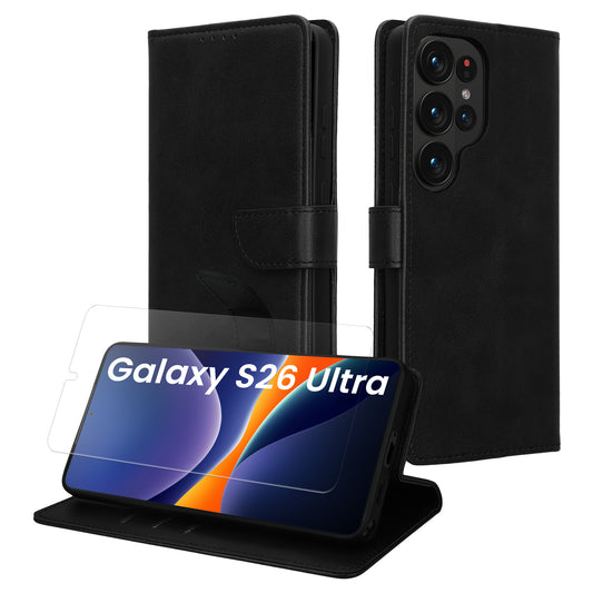 kwmobile Kunstleder Handyhülle kompatibel mit Samsung Galaxy S26 Ultra Hülle - Brieftaschen Schutzhülle aus PU-Leder mit Displayschutz und RFID-Schutz - Schwarz Schwarz  