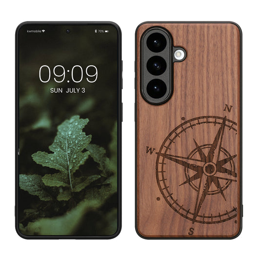 kwmobile Hülle kompatibel mit Samsung Galaxy S26 Hülle - Holz Case - Handy Cover - TPU Handyhülle in Dunkelbraun Kompass Vintage Dunkelbraun  [dsg01]