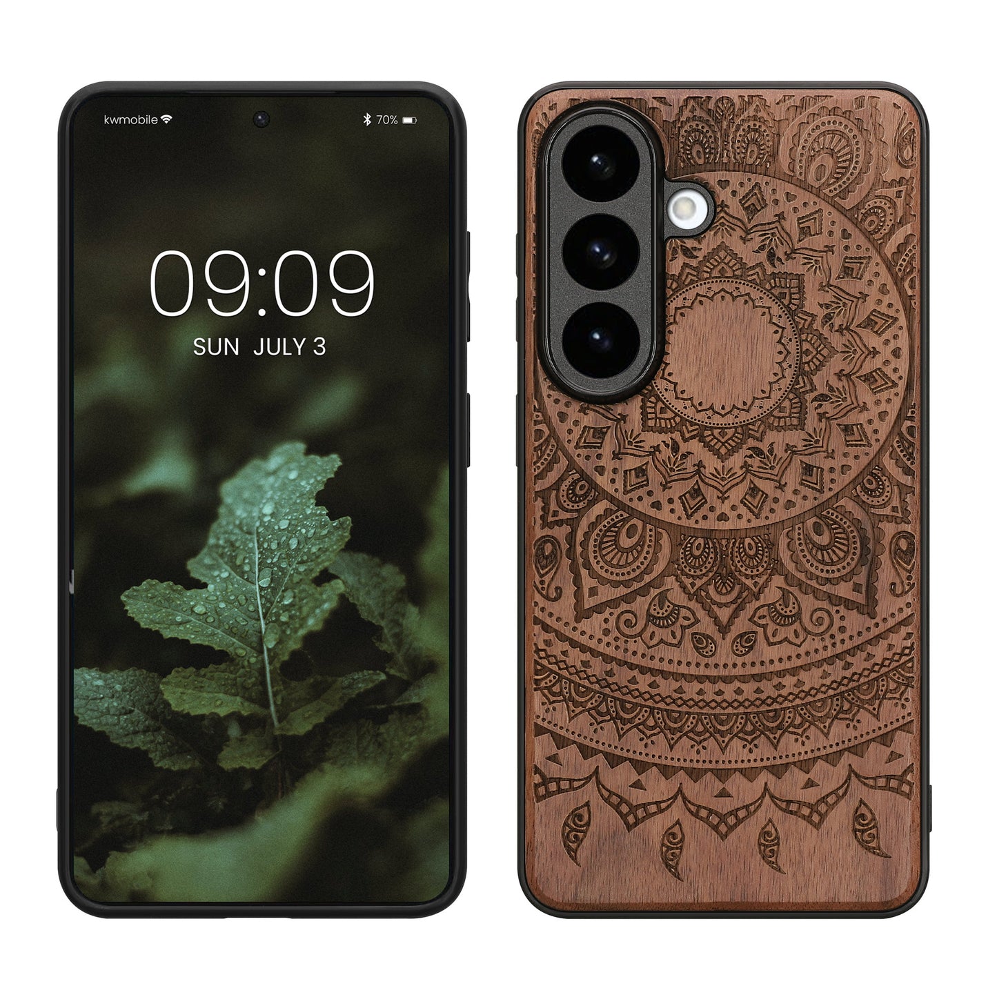 kwmobile Hülle kompatibel mit Samsung Galaxy S26 Hülle - Holz Case - Handy Cover - TPU Handyhülle in Dunkelbraun Indische Sonne Dunkelbraun  [dsg02]