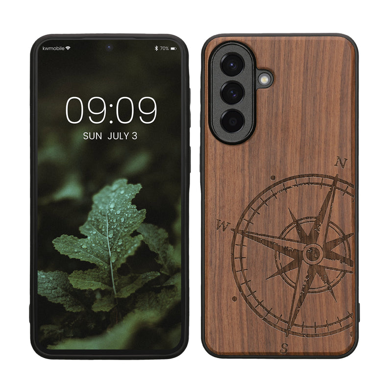 kwmobile Hülle kompatibel mit Samsung Galaxy A57 5G Hülle - Holz Case - Handy Cover - TPU Handyhülle in Dunkelbraun Kompass Vintage Dunkelbraun  [dsg01]