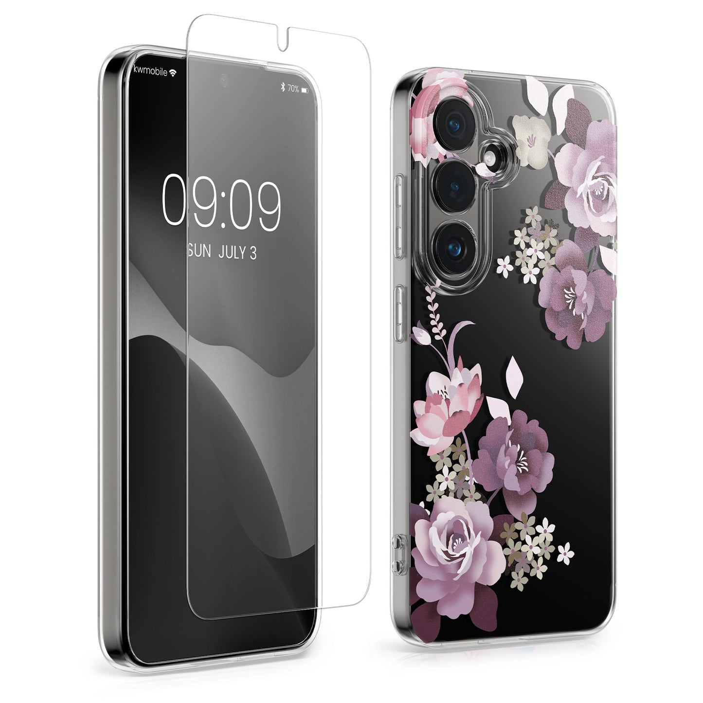 kwmobile Hülle kompatibel mit Samsung Galaxy S26 Plus Handyhülle - Silikon Case transparent - Mit Glas Schutzfolie - Blumenblüten und Rosen Pastelllila Transparent Pastelllila  [dsg01]