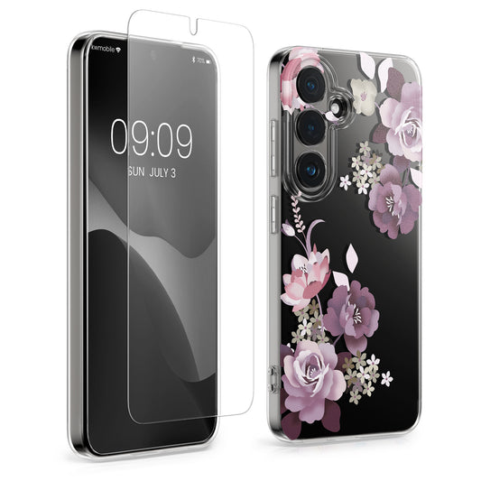 kwmobile Hülle kompatibel mit Samsung Galaxy S26 Plus Handyhülle - Silikon Case transparent - Mit Glas Schutzfolie - Blumenblüten und Rosen Pastelllila Transparent Pastelllila  [dsg01]