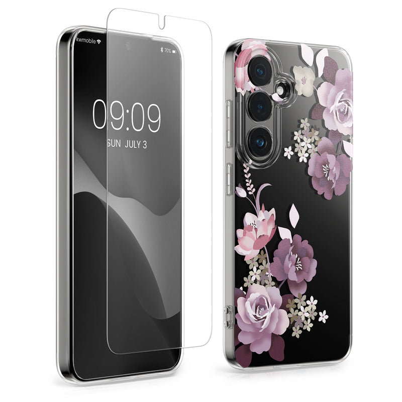 kwmobile Hülle kompatibel mit Samsung Galaxy S26 Plus Handyhülle - Silikon Case transparent - Mit Glas Schutzfolie - Blumenblüten und Rosen Pastelllila Transparent Pastelllila  [dsg01]