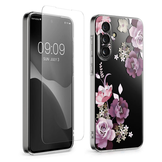 kwmobile Hülle kompatibel mit Samsung Galaxy A37 5G Handyhülle - Silikon Case transparent - Mit Glas Schutzfolie - Blumenblüten und Rosen Pastelllila Transparent Pastelllila  [dsg01]