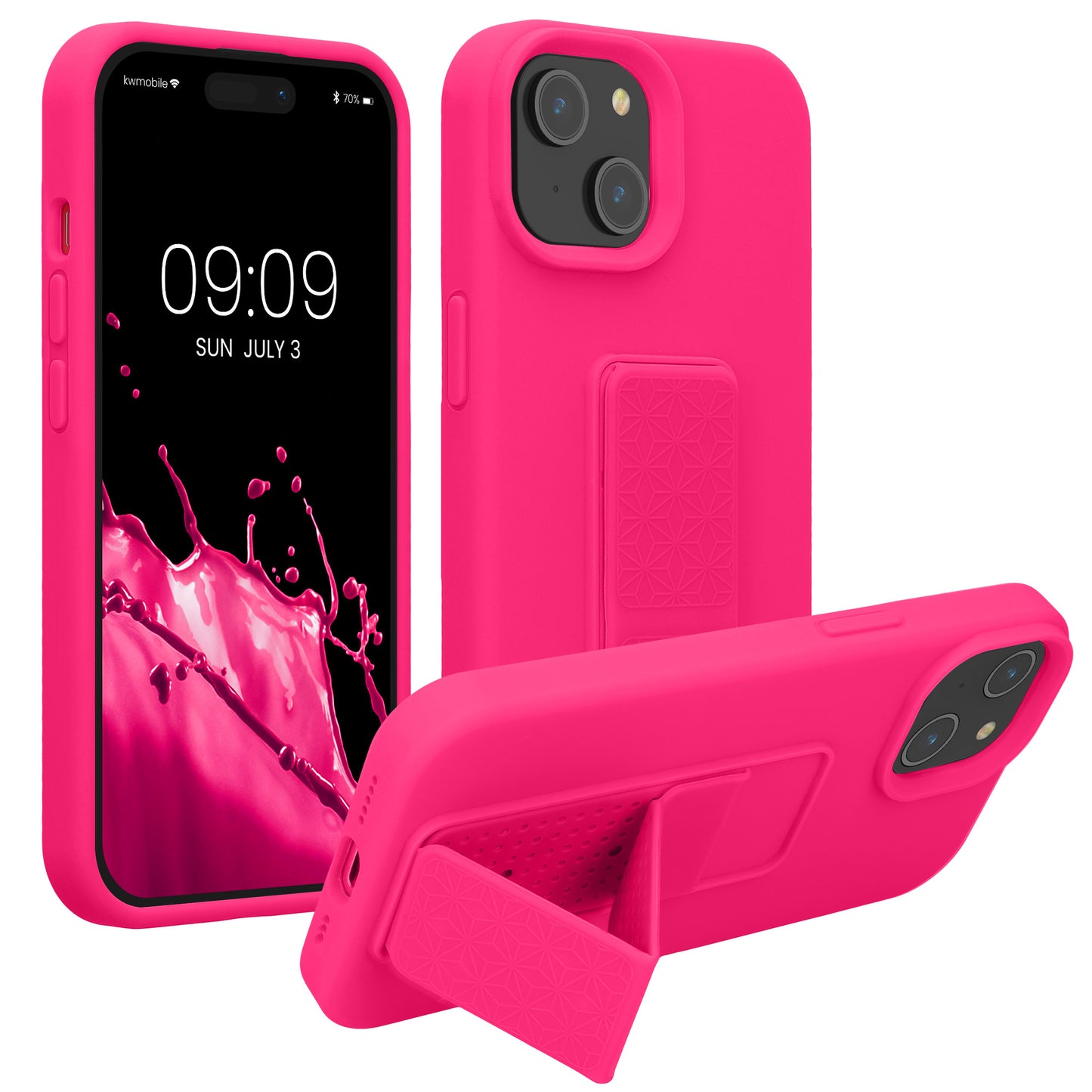 kwmobile Handyhülle kompatibel mit iPhone 15 - Hülle mit Fingerhalter und Standfunktion - Silikon Case Handy Cover in Neon Pink Neon Pink  
