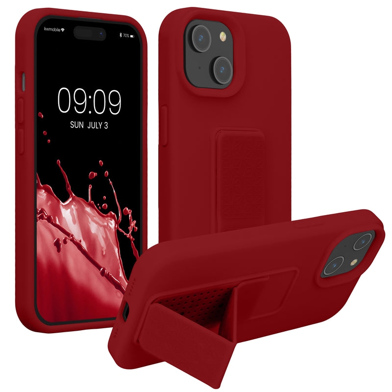 kwmobile Handyhülle kompatibel mit iPhone 15 - Hülle mit Fingerhalter und Standfunktion - Silikon Case Handy Cover in Rhabarber Rot Rhabarber Rot  