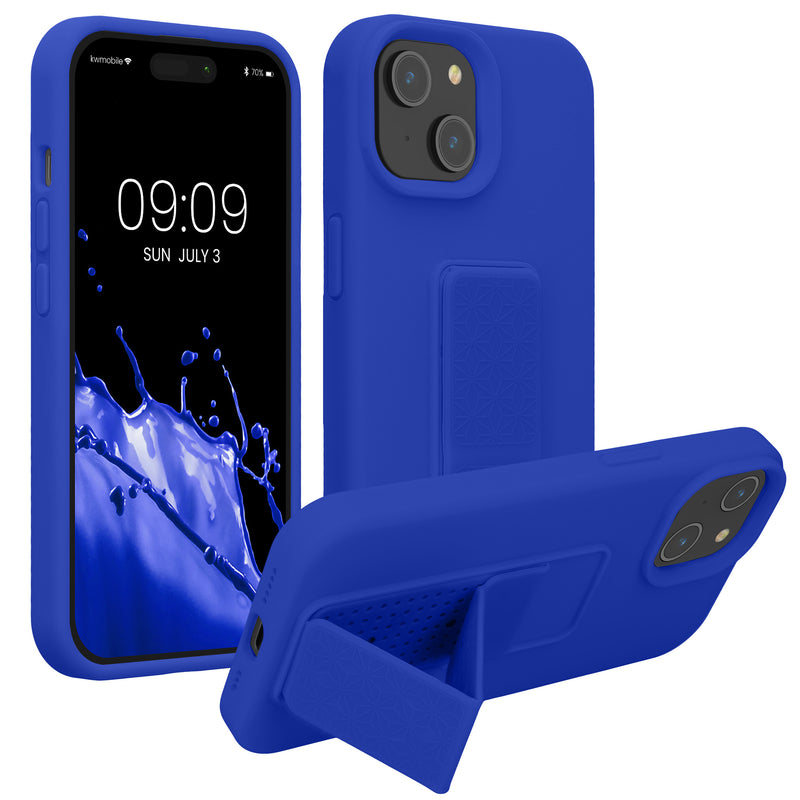 kwmobile Handyhülle kompatibel mit iPhone 15 - Hülle mit Fingerhalter und Standfunktion - Silikon Case Handy Cover in Baltik Blau Baltik Blau  
