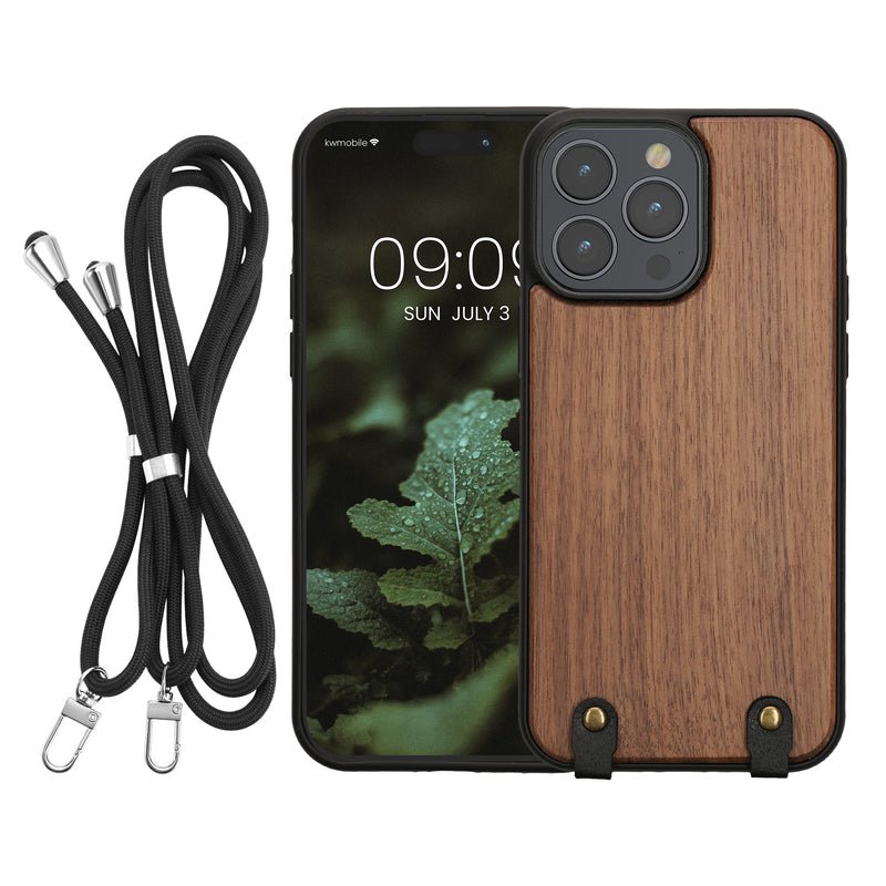 kwmobile Necklace Case kompatibel mit Apple iPhone 14 Pro Max Hülle - Holz TPU Cover mit Handykette - Band Handyhülle Dunkelbraun Dunkelbraun  