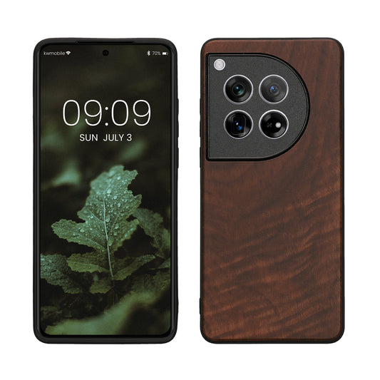 kwmobile Hülle kompatibel mit OnePlus 12 Hülle - Holz Case - stoßfestes Handy Cover - TPU Handyhülle in Dunkelbraun Dunkelbraun  