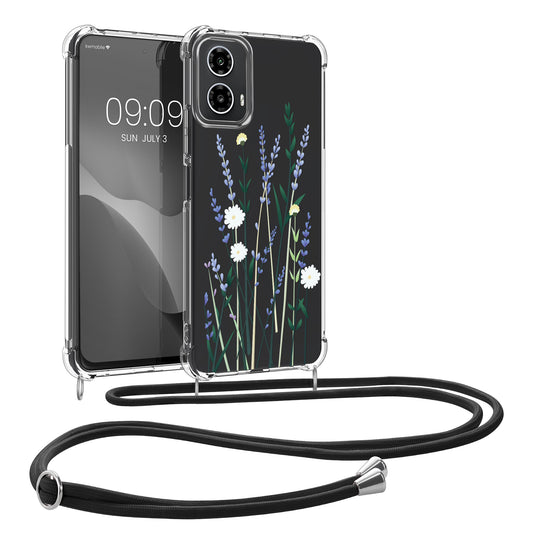 kwmobile Necklace Case kompatibel mit Motorola Moto G34 5G Hülle - Silikon Cover mit Handykette - Lavendel Grün Transparent Blumenhalme Lavendel Lavendel  [dsg02]