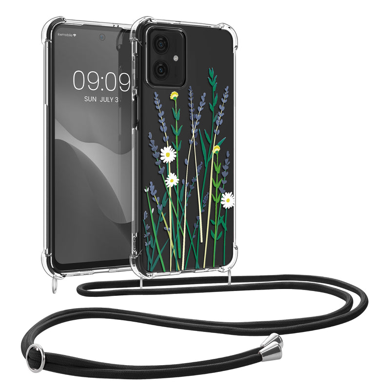 kwmobile Necklace Case kompatibel mit Motorola Moto G54 5G Hülle - Silikon Cover mit Handykette - Lavendel Grün Transparent Blumenhalme Lavendel Lavendel  [dsg02]