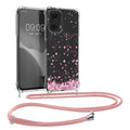 kwmobile Necklace Case kompatibel mit Motorola Moto G24 / E14 / G04 / G04s Hülle - Silikon Cover mit Handykette - Rosa Dunkelbraun Transparent Kirschblütenblätter Rosa  [dsg01]