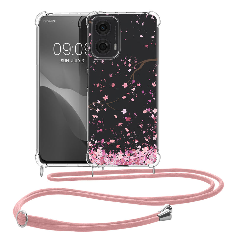 kwmobile Necklace Case kompatibel mit Motorola Moto G24 / E14 / G04 / G04s Hülle Silikon Cover mit Handykette Transparent Kirschblütenblätter
