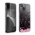 kwmobile Hülle kompatibel mit Apple iPhone 15 Handyhülle - Silikon Case transparent - Mit Glas Schutzfolie - Kirschblütenblätter Rosa Dunkelbraun Transparent Rosa  [dsg01]