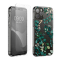 kwmobile Hülle kompatibel mit Apple iPhone 12 / iPhone 12 Pro Handyhülle - Silikon Case transparent - Mit Glas Schutzfolie - Frühlingsblätter Grün Transparent Grün  [dsg02]