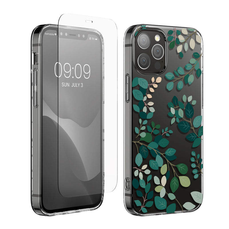 kwmobile Hülle kompatibel mit Apple iPhone 12 / iPhone 12 Pro Handyhülle - Silikon Case transparent - Mit Glas Schutzfolie - Frühlingsblätter Grün Transparent Grün  [dsg02]