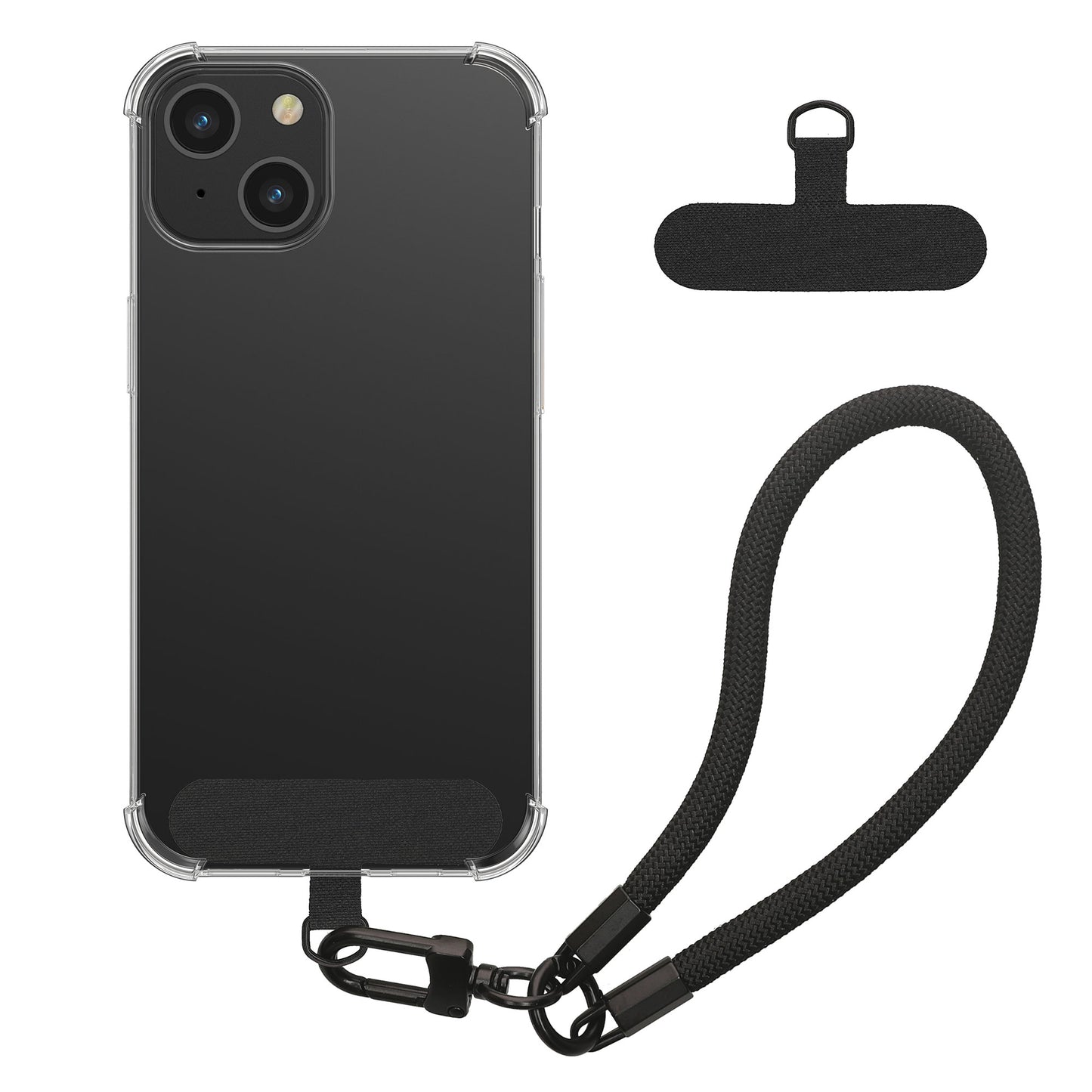 kwmobile Handy TPU Case kompatibel mit Apple iPhone 15 Hülle - Kristallklare Schutzhülle mit Kantenschutz und abnehmbarem Armband inkl. 2 Pads - Transparent Schwarz Transparent  