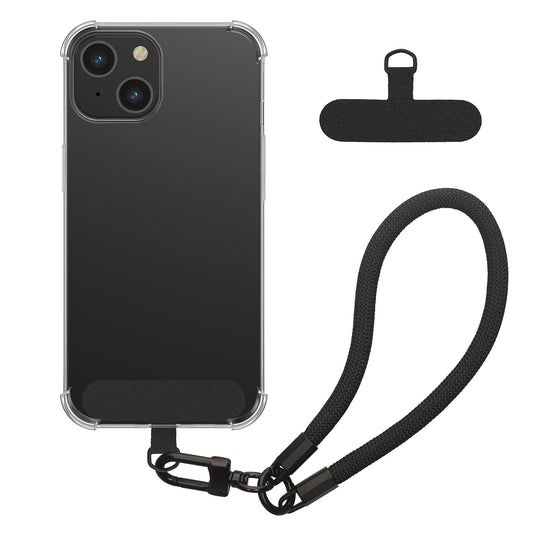 kwmobile Handy TPU Case kompatibel mit Apple iPhone 15 Hülle - Kristallklare Schutzhülle mit Kantenschutz und abnehmbarem Armband inkl. 2 Pads - Transparent Schwarz Transparent  