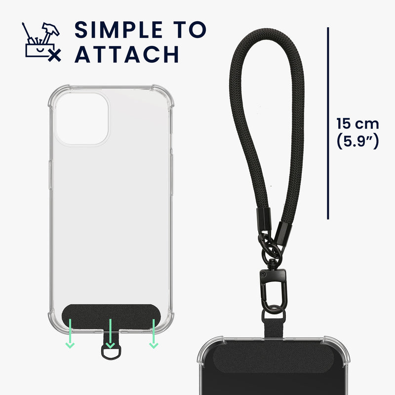 kwmobile Handy TPU Case kompatibel mit Apple iPhone 15 Hülle - Kristallklare Schutzhülle mit Kantenschutz und abnehmbarem Armband inkl. 2 Pads - Transparent Schwarz
