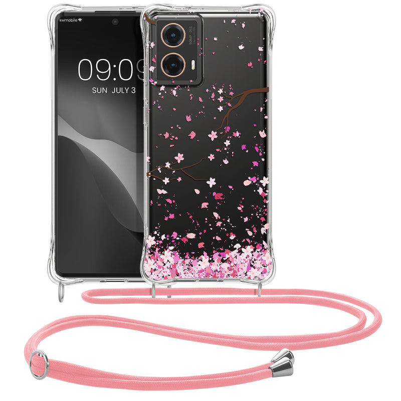 kwmobile Necklace Case kompatibel mit Motorola Moto G85 5G Hülle Silikon Cover mit Handykette Transparent Kirschblütenblätter