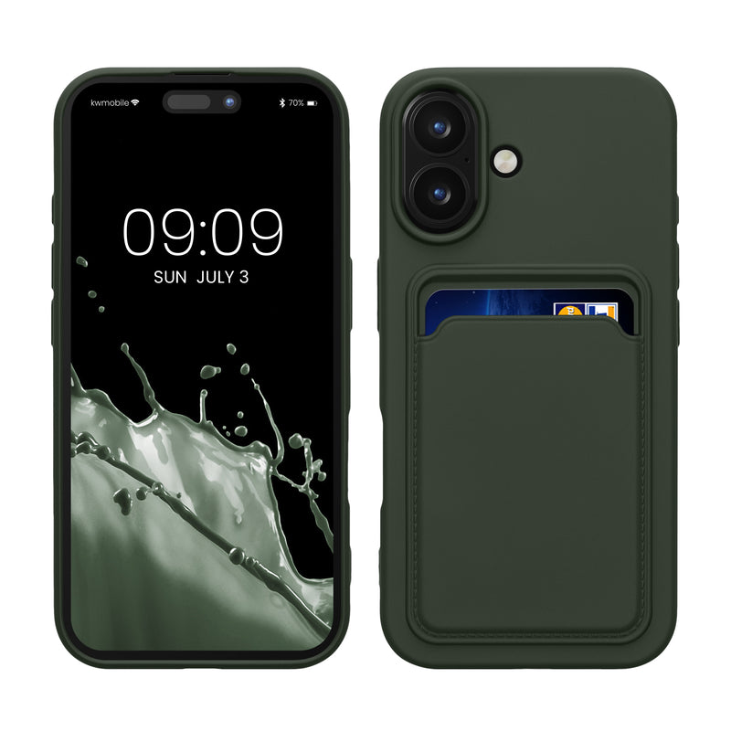 kwmobile Handyhülle kompatibel mit Apple iPhone 16 Hülle - Handy Cover mit Fach für Karten - in Dunkelgrün Dunkelgrün  