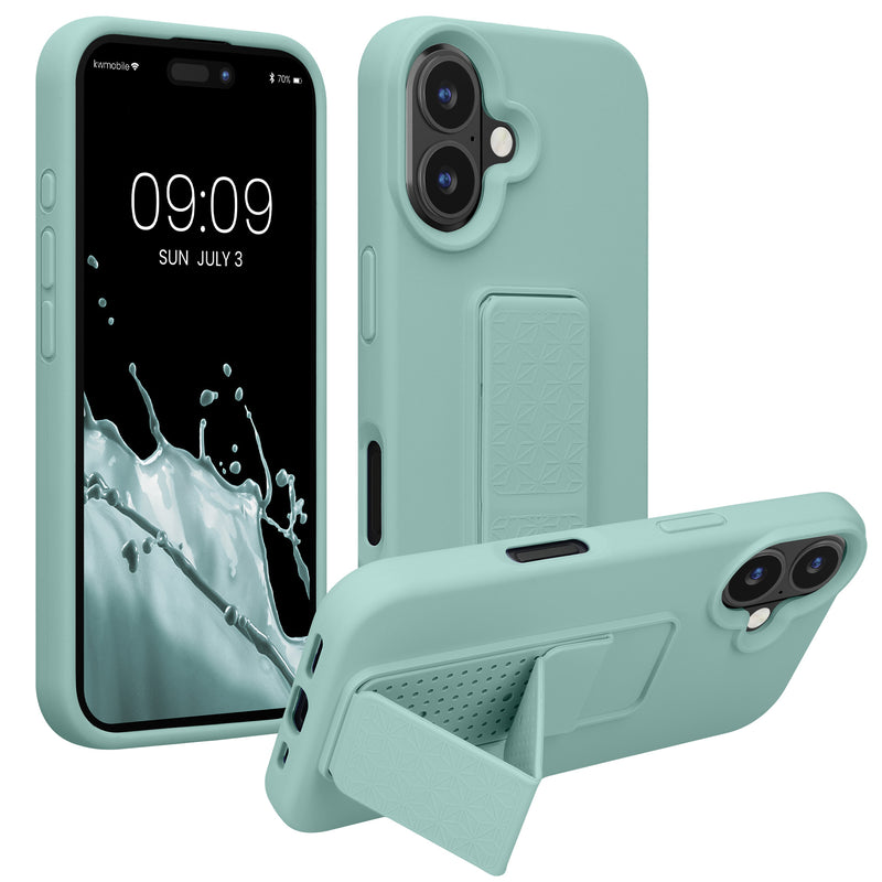 kwmobile Handyhülle kompatibel mit Apple iPhone 16 - Hülle mit Fingerhalter und Standfunktion - Silikon Case Handy Cover in Mintgrün Mintgrün  