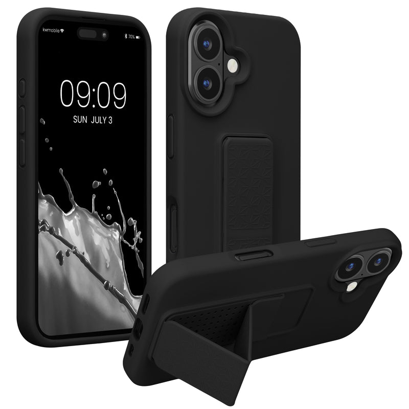 kwmobile Handyhülle kompatibel mit Apple iPhone 16 - Hülle mit Fingerhalter und Standfunktion - Silikon Case Handy Cover in Schwarz Schwarz  