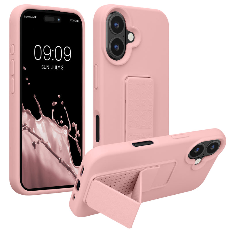 kwmobile Handyhülle kompatibel mit Apple iPhone 16 - Hülle mit Fingerhalter und Standfunktion - Silikon Case Handy Cover in Altrosa Altrosa  