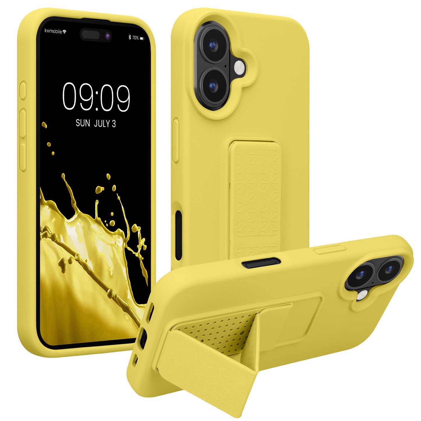 kwmobile Handyhülle kompatibel mit Apple iPhone 16 - Hülle mit Fingerhalter und Standfunktion - Silikon Case Handy Cover in Strahlend Gelb Strahlend Gelb  