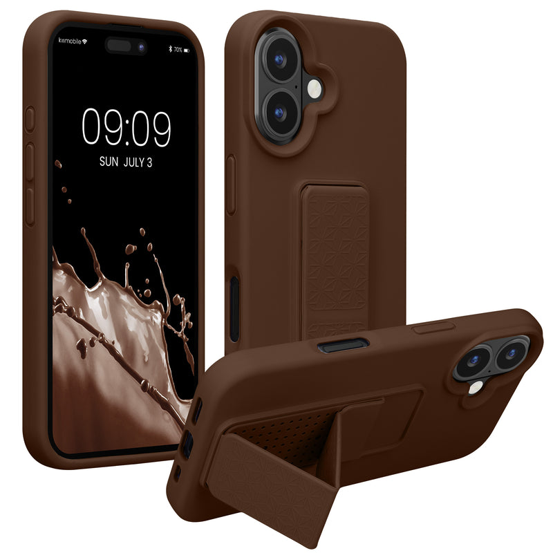 kwmobile Handyhülle kompatibel mit Apple iPhone 16 - Hülle mit Fingerhalter und Standfunktion - Silikon Case Handy Cover in Chocolate Chocolate  